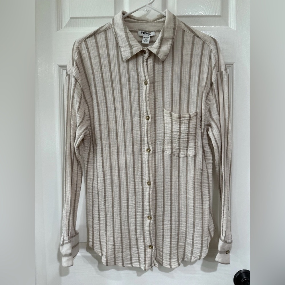 RSQ Women's XL Long Sleeve Cotton Button Up Shirt Beige Brown Stripe Gauzy